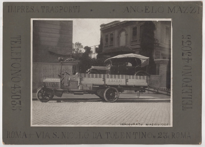 Angelo Mazzi Rome Italy Taxi Towing Moving Truck Antique Advertising Photo on Board