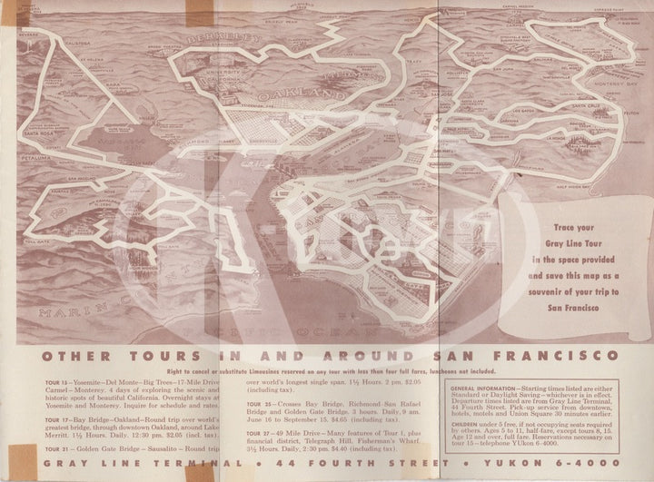 San Francisco Golden Gate Bridge Ca Gray Line Vintage Advertising Brochure Map