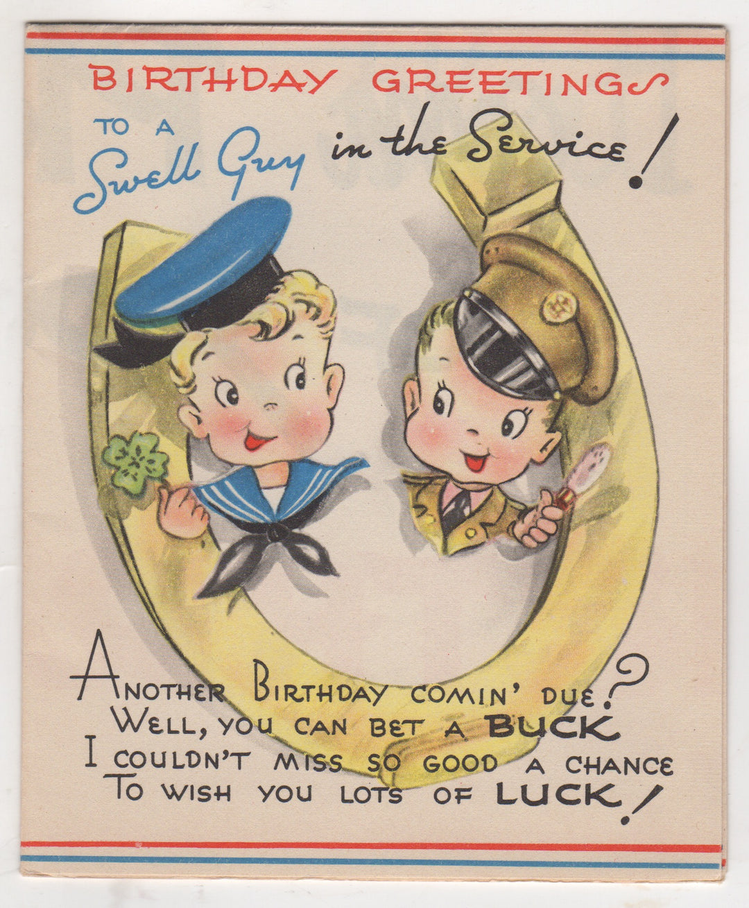 Army Navy Birthday Greetings Vintage WWII Graphic Art Greeting Card