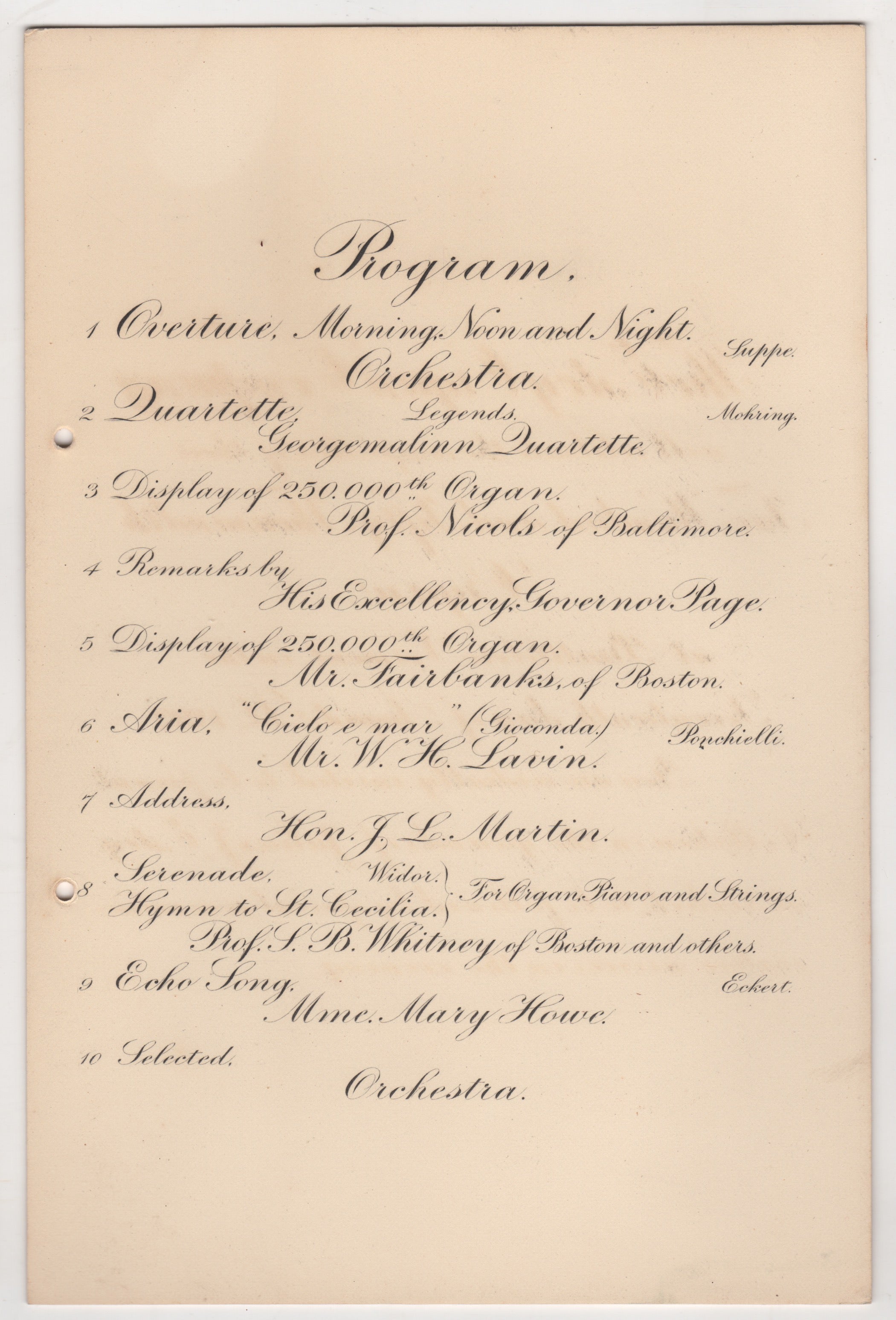 Jacob Estey Organs Brattleboro VT Antique Celebration Invitation Program 1892