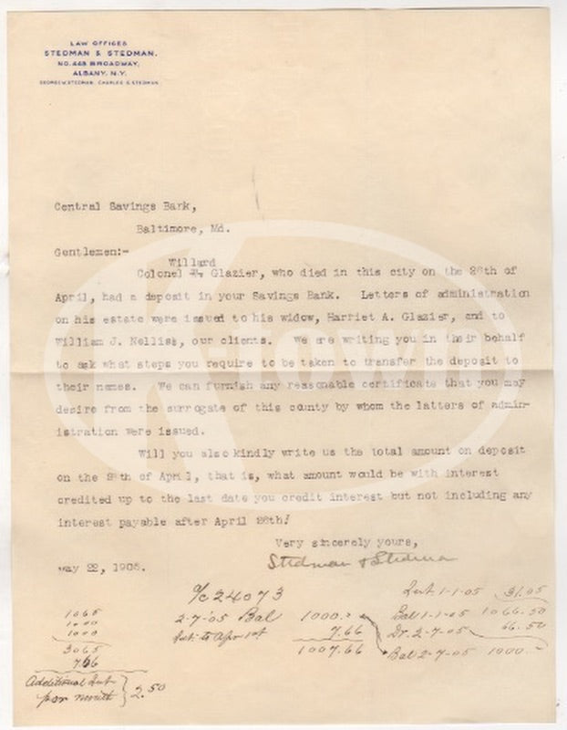New York Union Civil War and Indian War Prisoner Colonel Glazier Estate Letter 1905