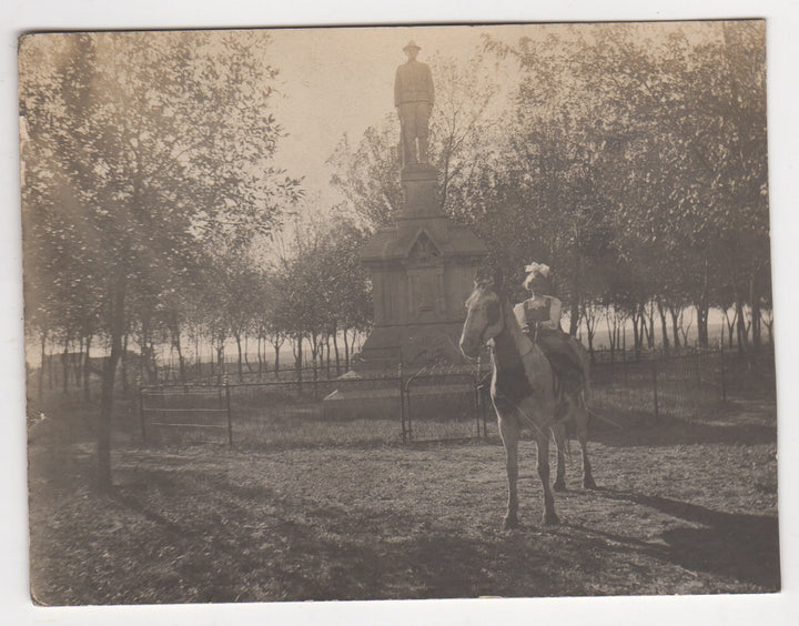 Cute Little Girl on Horseback American War Monument Antique Snapshot Photo