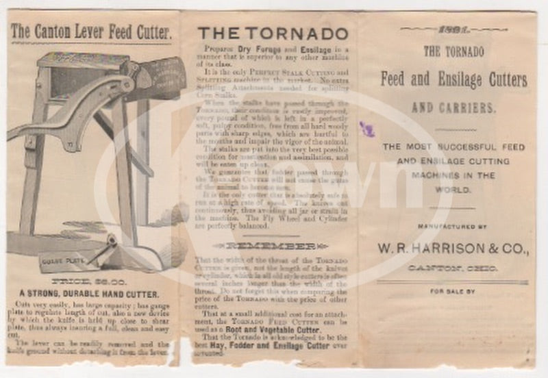 Tornado Feed Cutter Canton Ohio Farm Machinery Antique Graphic Advertising 1891