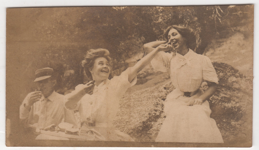 Edwardian Girls Picnic Fun Feeding Each Other Antique Snapshot Photo