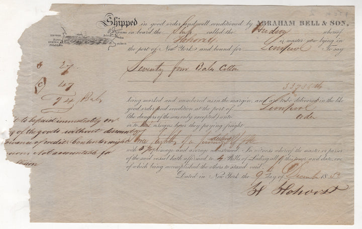 Abraham Bell Cotton Ship Southern Slave Owner Antique Signed Legal Document 1852