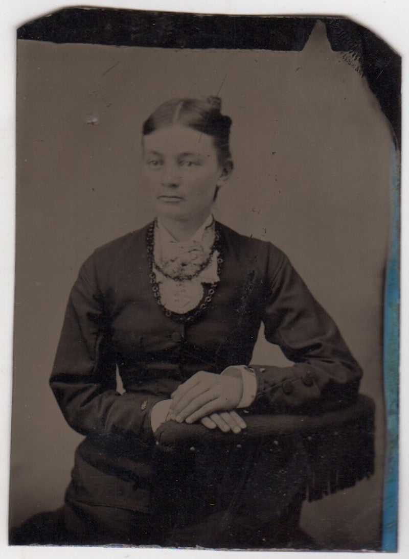 Lovely Woman with Shell Necklace & Dress Antique Tintype Photo