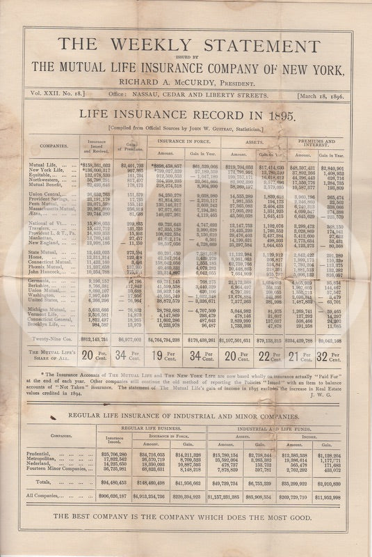 Mutual Life Insurance of New York Antique Annual Financial Report 1895