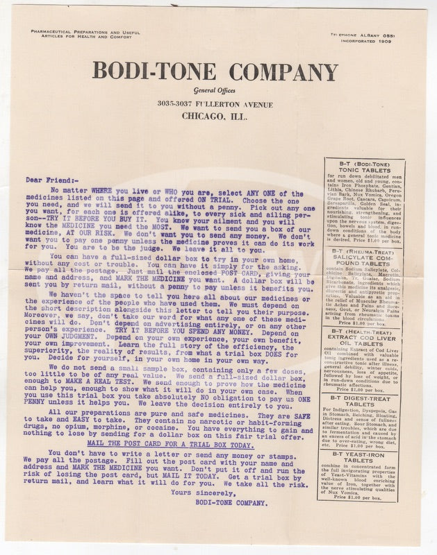 Bodi-Tone Quack Medicine Pharmaceuticals Vintage Advertising Letter Flyer