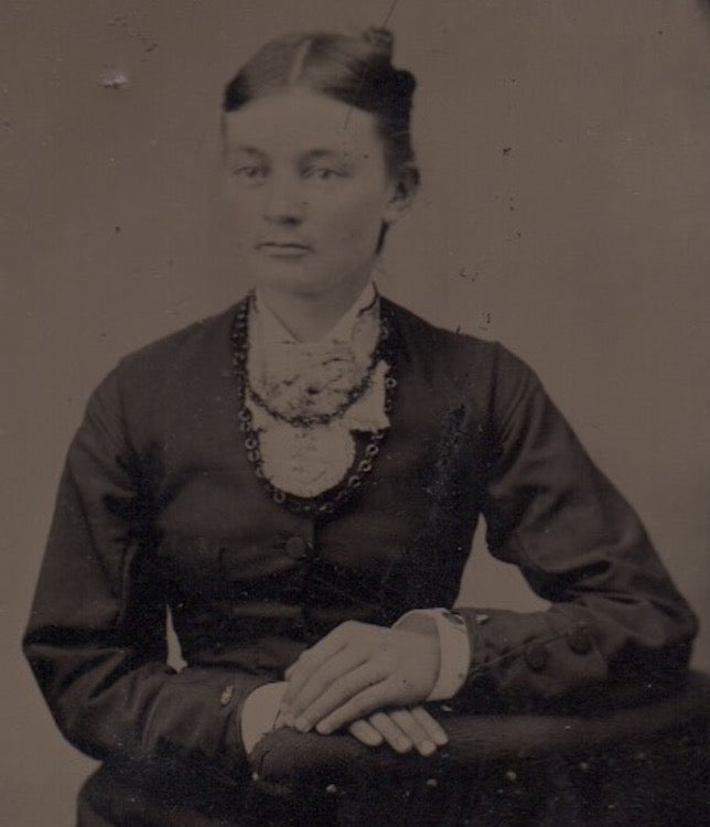 Lovely Woman with Shell Necklace & Dress Antique Tintype Photo