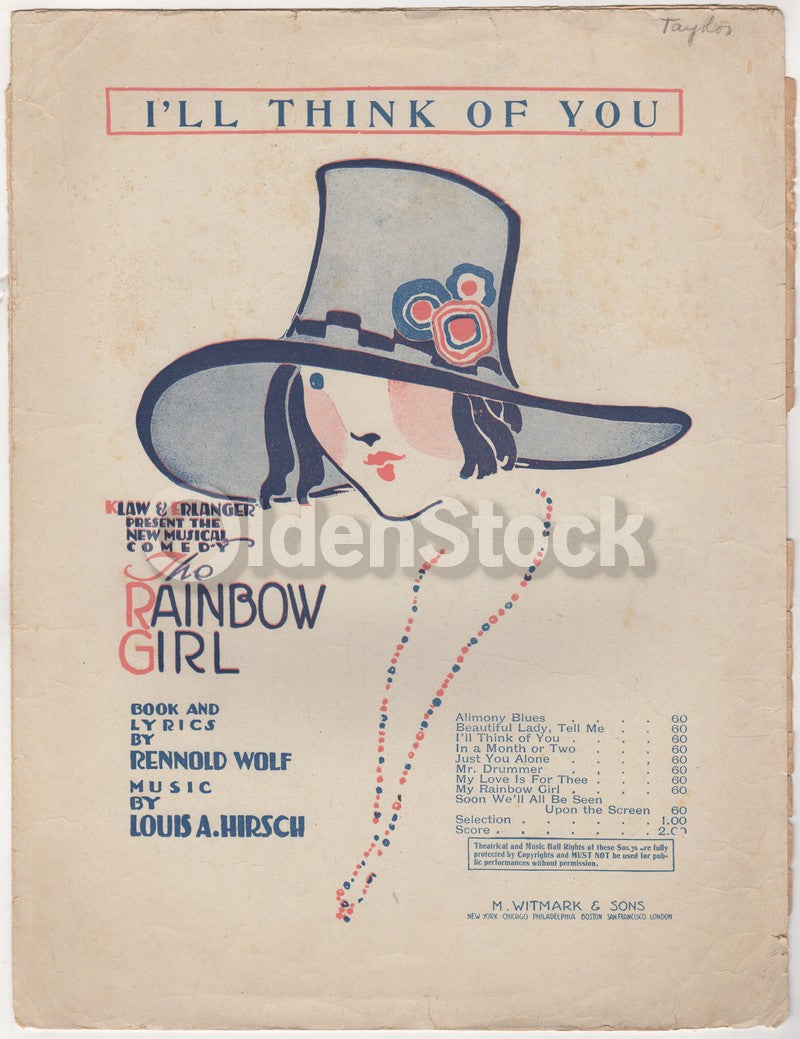 I'll Think of You Rainbow Girl Musical Comedy Antique Sheet Music 1917