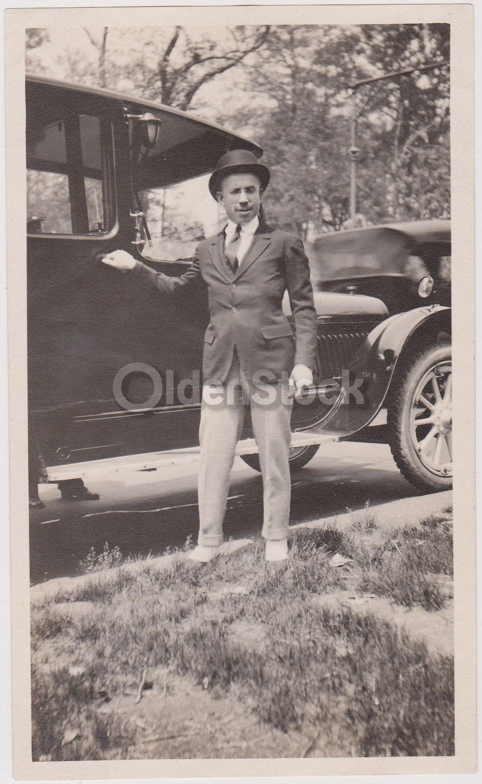 Short Stylish Man in a Top Hat with Model T Car Vintage Odd Perspective Snapshot