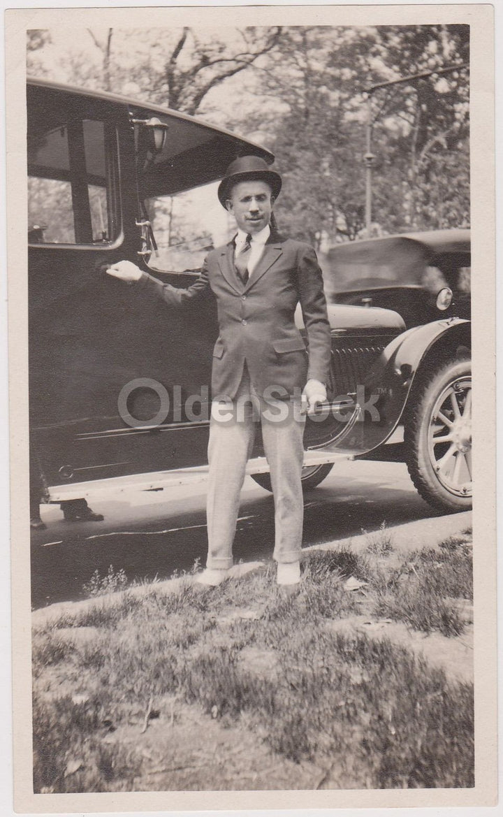 Short Stylish Man in a Top Hat with Model T Car Vintage Odd Perspective Snapshot