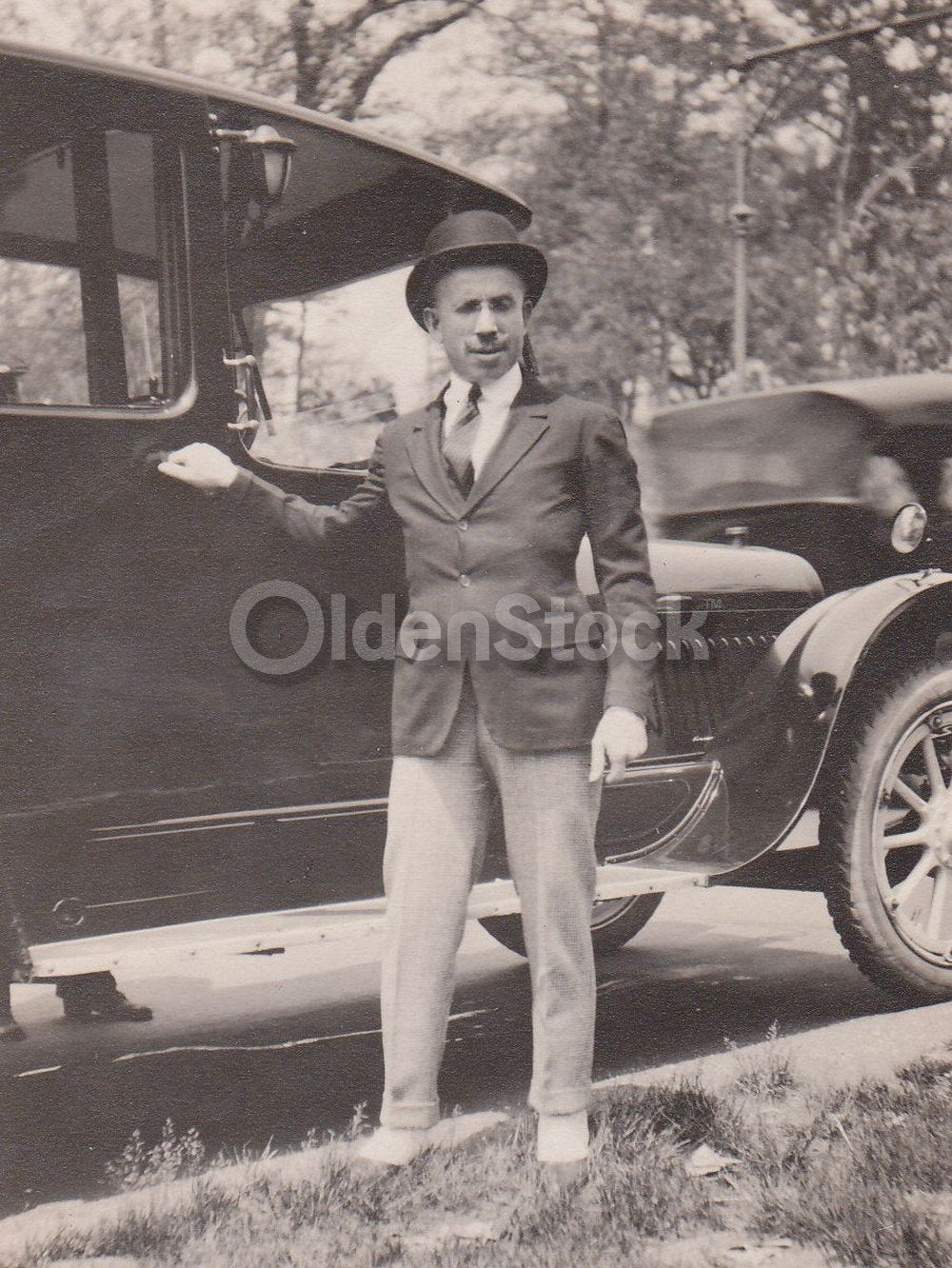 Short Stylish Man in a Top Hat with Model T Car Vintage Odd Perspective Snapshot