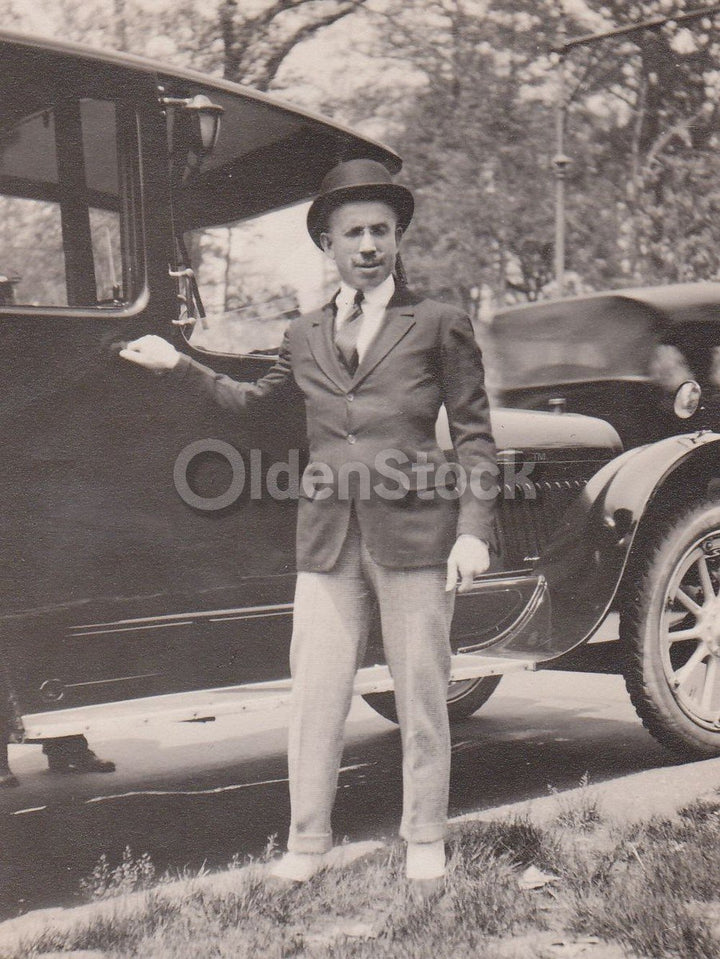 Short Stylish Man in a Top Hat with Model T Car Vintage Odd Perspective Snapshot
