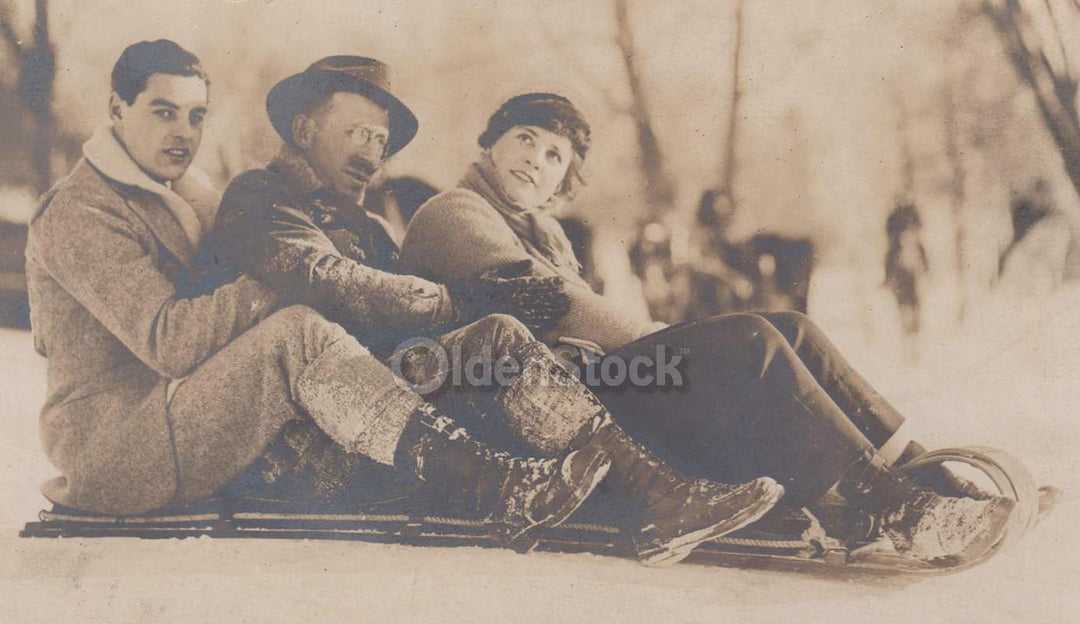 Snow Sled Tobogganing Young Man & Girl Antique Americana Snapshot Photograph
