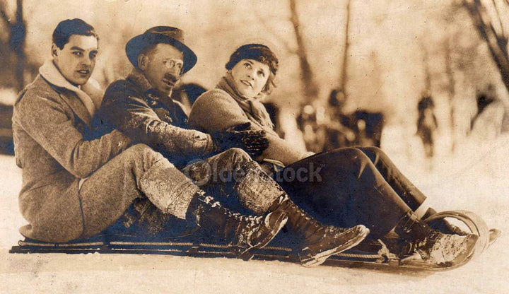 Snow Sled Tobogganing Young Man & Girl Antique Americana Snapshot Photograph