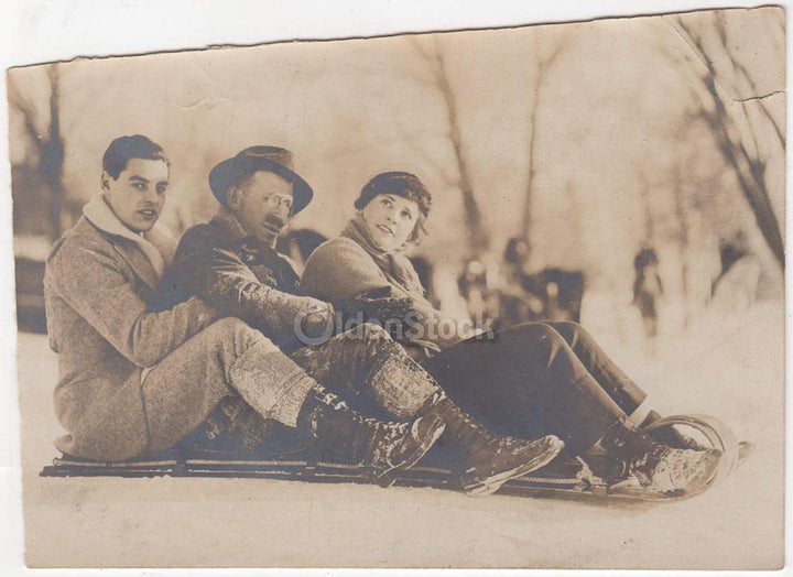 Snow Sled Tobogganing Young Man & Girl Antique Americana Snapshot Photograph
