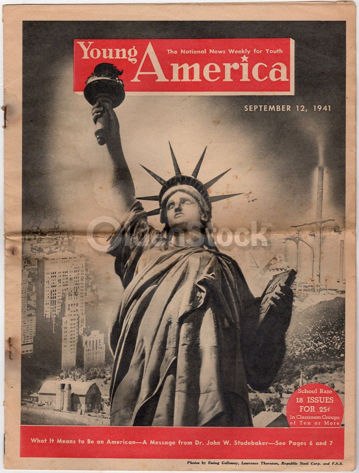 Statue of Liberty American Democracy Vintage WWII Kids Young America News Magazine