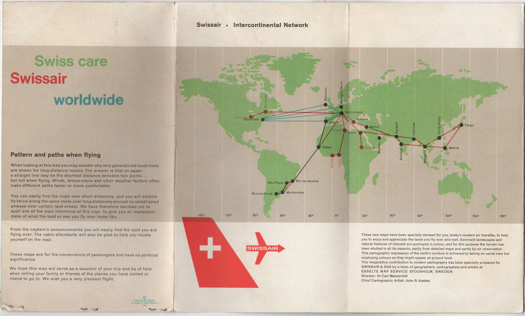 Swissair Airlines Vintage North Atlantic Route Map Fold-Out Travel Brochure