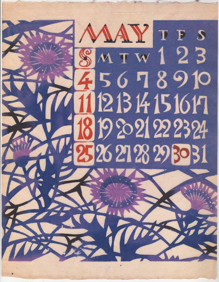 May Flowers 1958 Japanese Mingei Folk Art Vintage Calendar Woodblock Print
