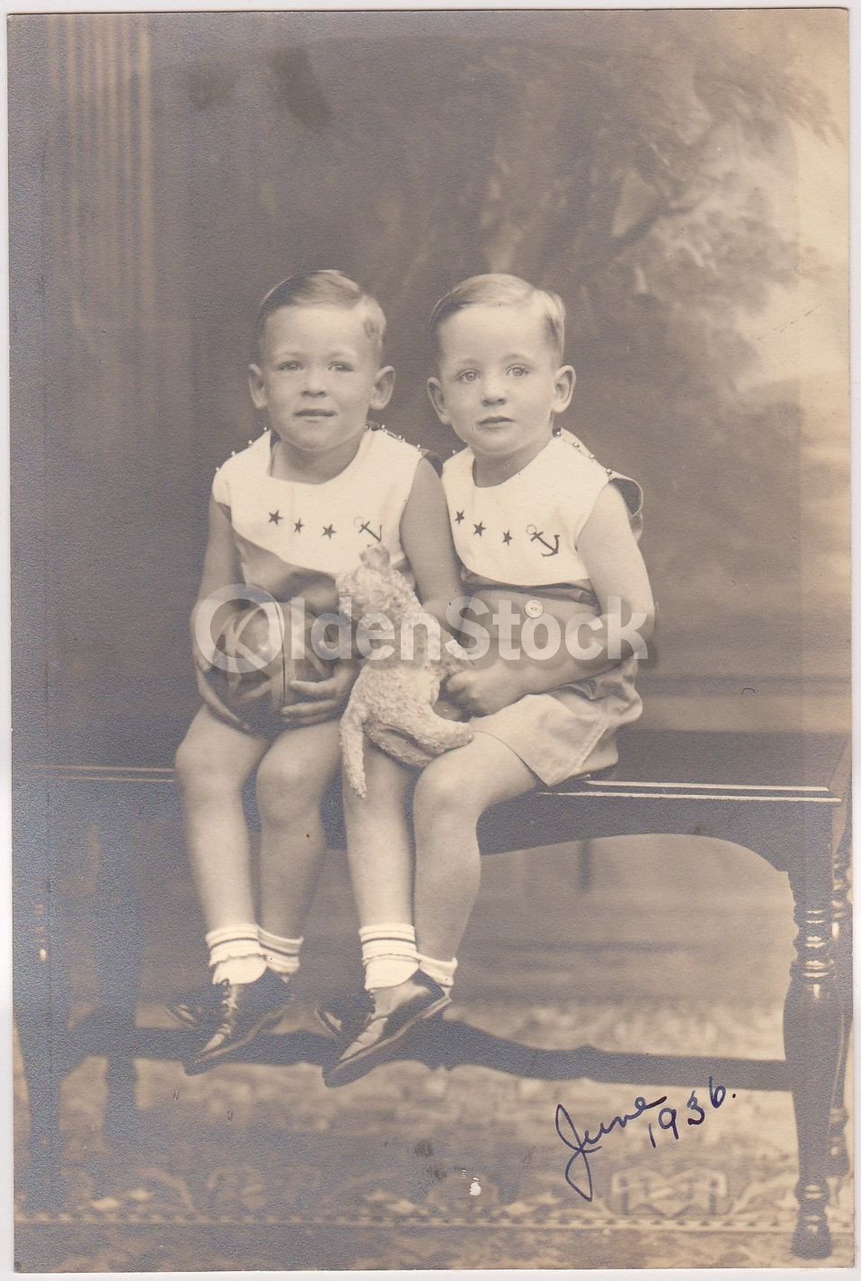 Twin Boys in Sailor Outfits Stuffed Animal Toy Ball Vintage Snapshot Photograph