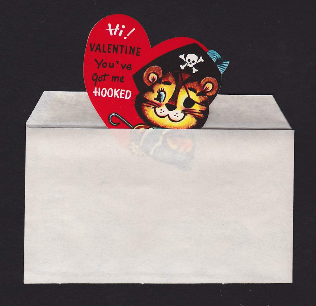 Valentine You've Got Me Hooked Vintage Tiger Pirate Valentine's Day Greeting Card