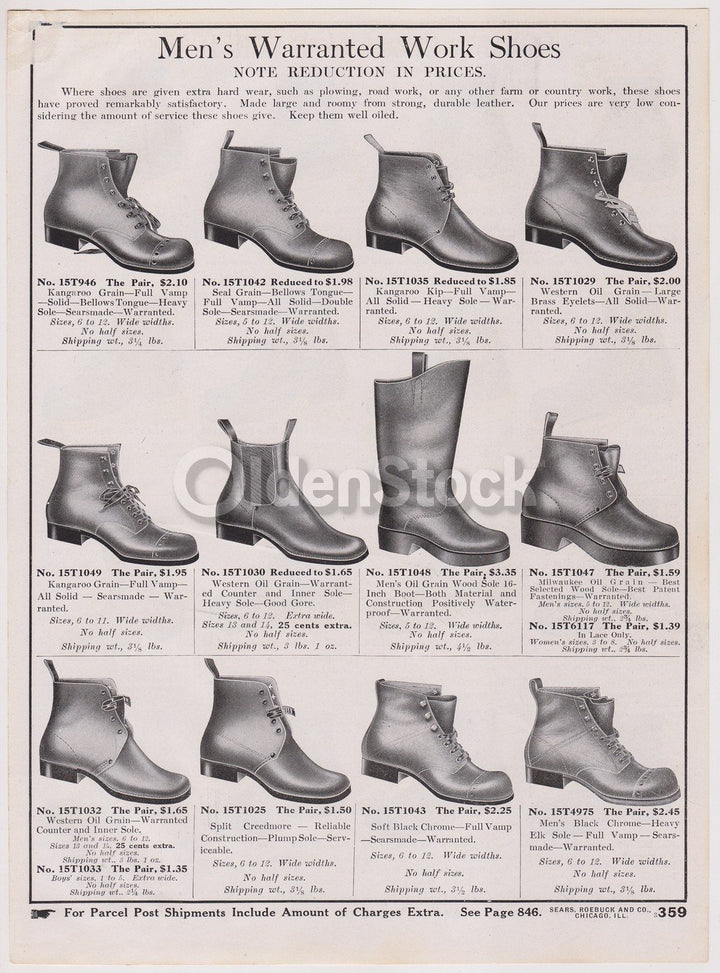 Victorian Men's Leather Work Shoes Sears Roebuck Designs Antique Graphic Advertising Print