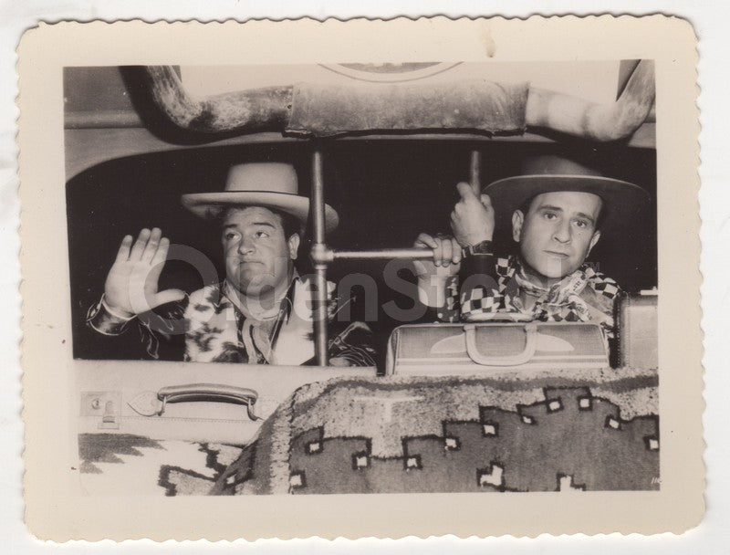 Abbott and Costello Cowboy Movie Actors Bus Scene Vintage Snapshot Photo