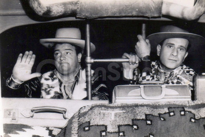 Abbott and Costello Cowboy Movie Actors Bus Scene Vintage Snapshot Photo