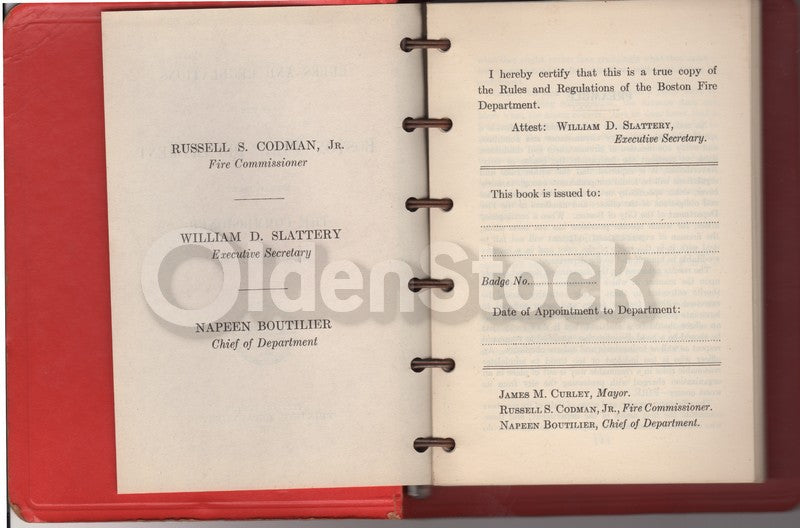 Boston Fire Department Rules Regulations Vintage Firefighting Book 1947