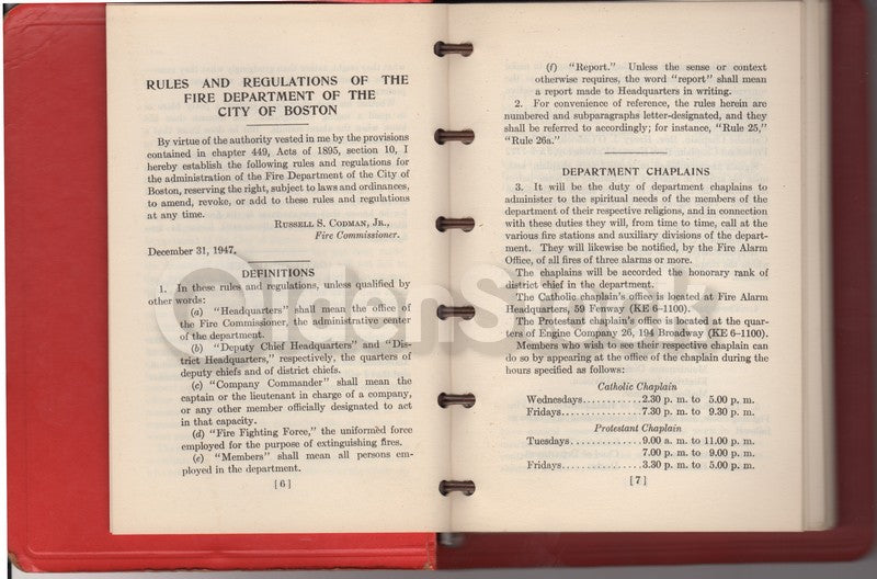 Boston Fire Department Rules Regulations Vintage Firefighting Book 1947