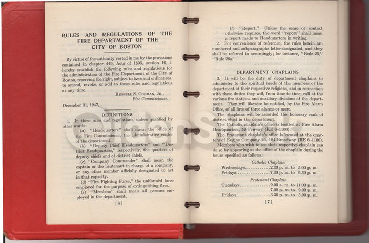 Boston Fire Department Rules Regulations Vintage Firefighting Book 1947