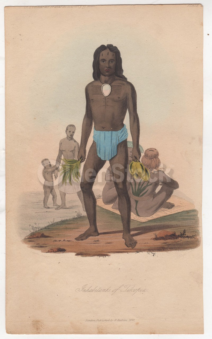 Tikopia Polynesian Island People Antique Ethnographic Colored Engraving Print