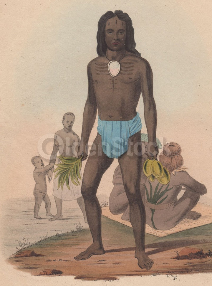 Tikopia Polynesian Island People Antique Ethnographic Colored Engraving Print