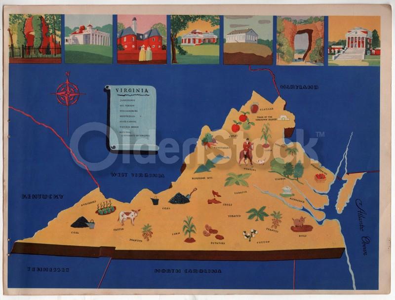 Virginia State Antique Graphic Art Illustrated Educational School Map of Virginia 1939