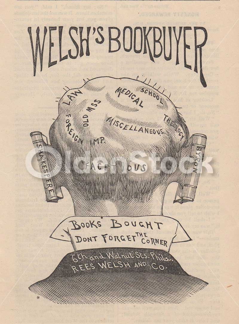 Welsh Book Buyer Philadelphia Antique Phrenology Literary Humor Advertising Print
