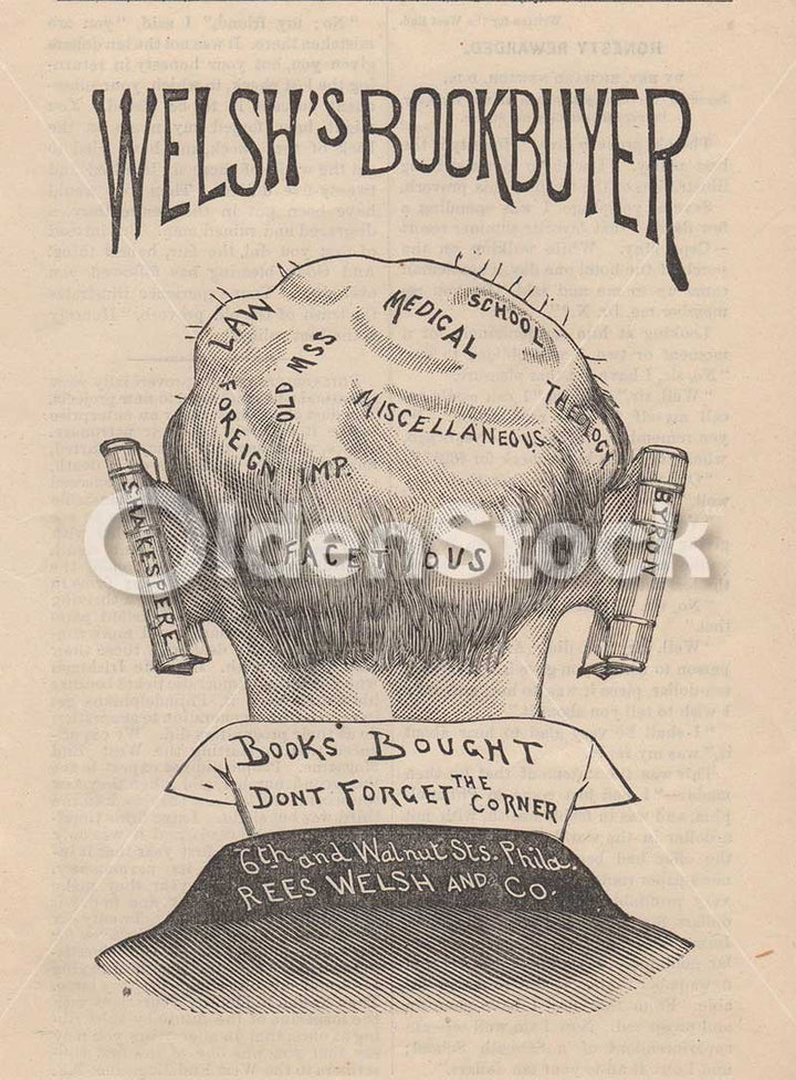 Welsh Book Buyer Philadelphia Antique Phrenology Literary Humor Advertising Print