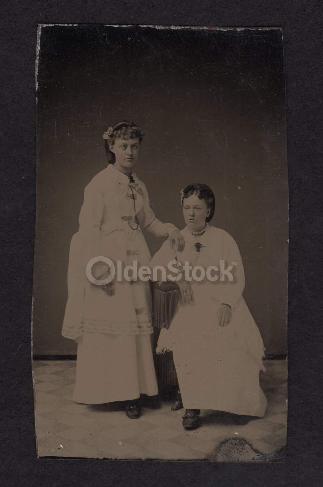 Young Victorian Women Girlfriends in White Dresses Crisp Antique Tintype Photograph