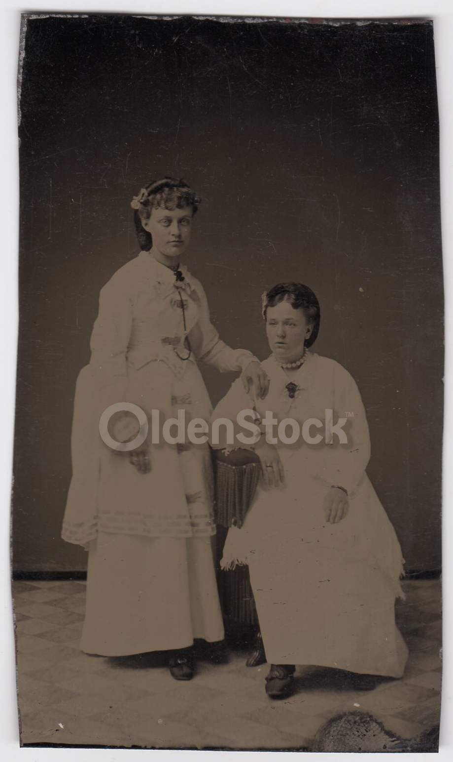 Young Victorian Women Girlfriends in White Dresses Crisp Antique Tintype Photograph