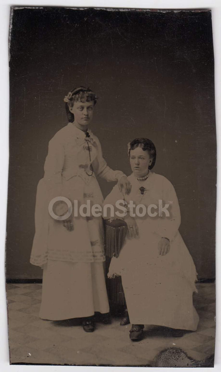 Young Victorian Women Girlfriends in White Dresses Crisp Antique Tintype Photograph