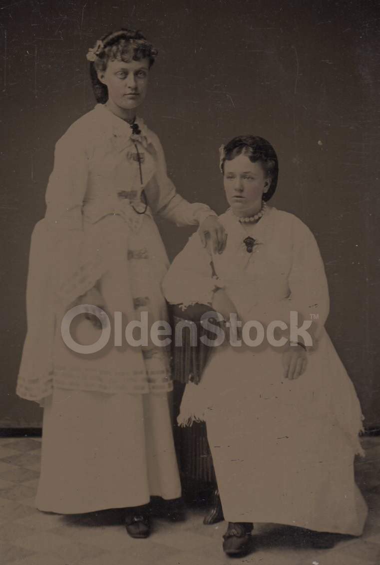 Young Victorian Women Girlfriends in White Dresses Crisp Antique Tintype Photograph