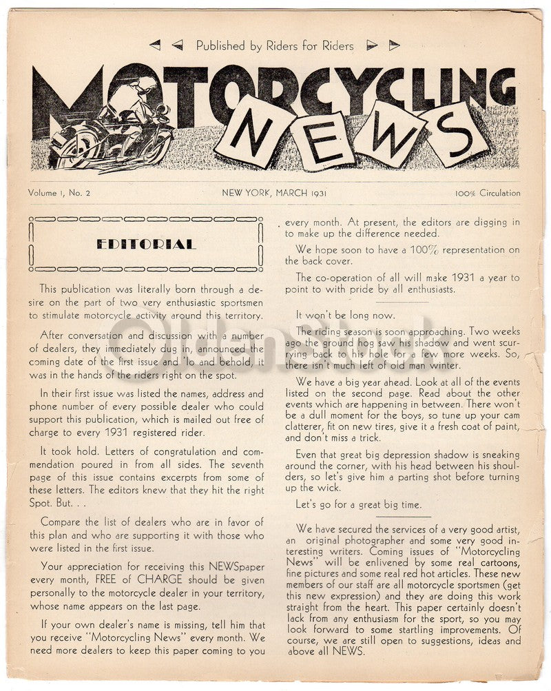 Motorcycling News Rider's Magazine Vol. 1 No. 2 Antique Motorbike News 1931