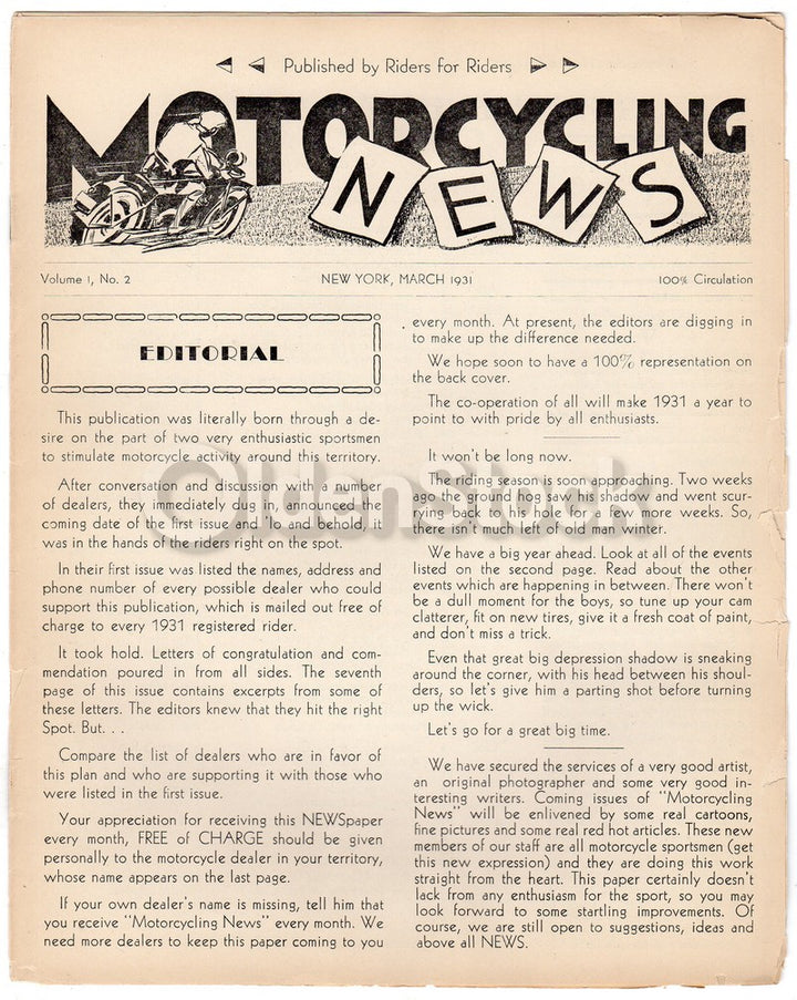 Motorcycling News Rider's Magazine Vol. 1 No. 2 Antique Motorbike News 1931