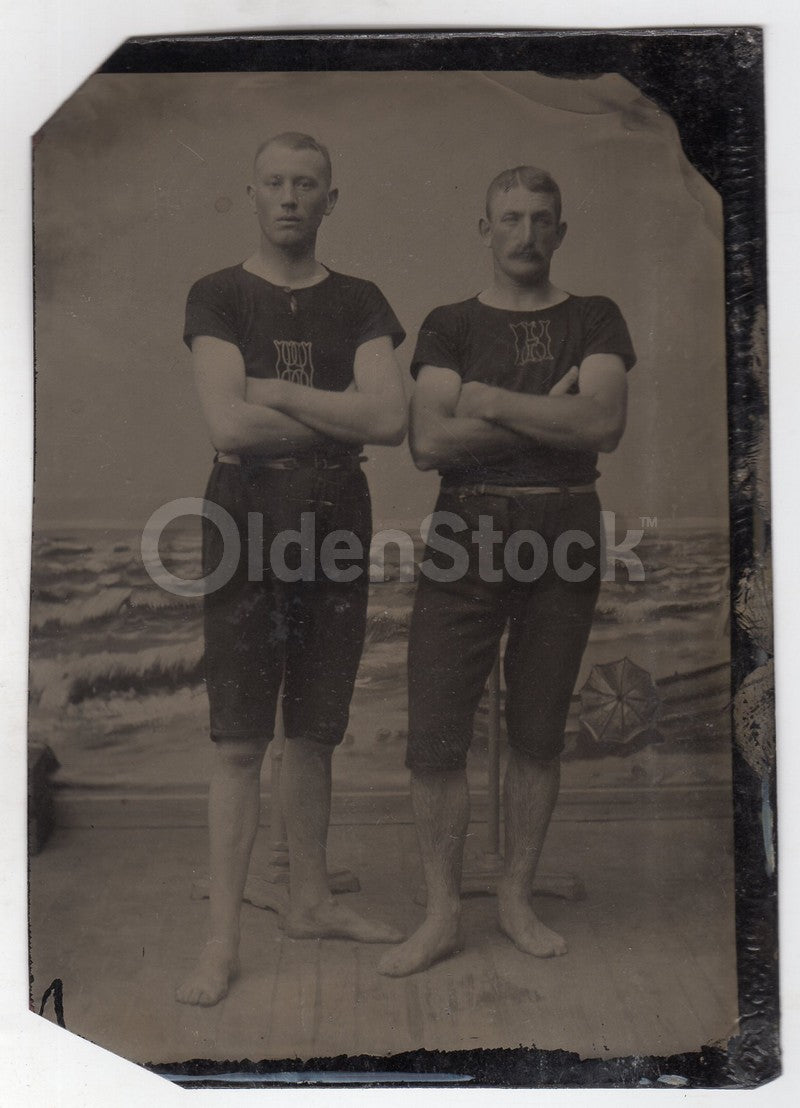 Men in Swimsuit Team Uniforms Large Antique Tintype Photo with Beach Backdrop