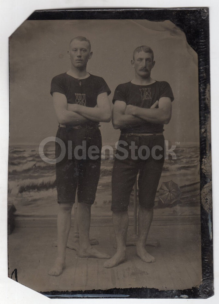 Men in Swimsuit Team Uniforms Large Antique Tintype Photo with Beach Backdrop