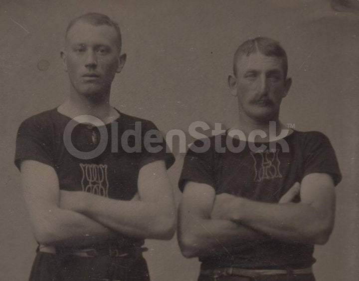 Men in Swimsuit Team Uniforms Large Antique Tintype Photo with Beach Backdrop