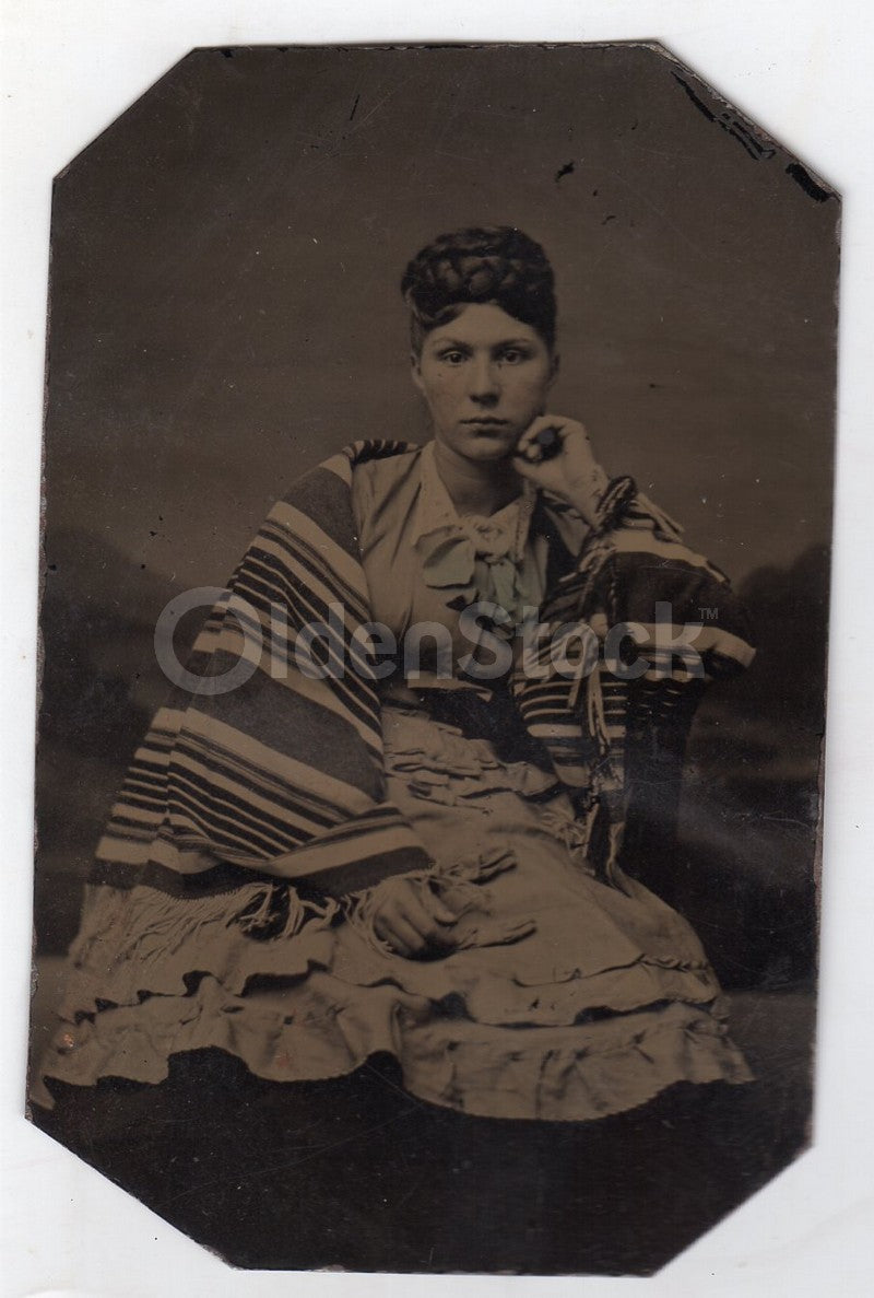 Lovely Young Victorian Woman in Striped Navajo Blanket Antique Tintype Photo