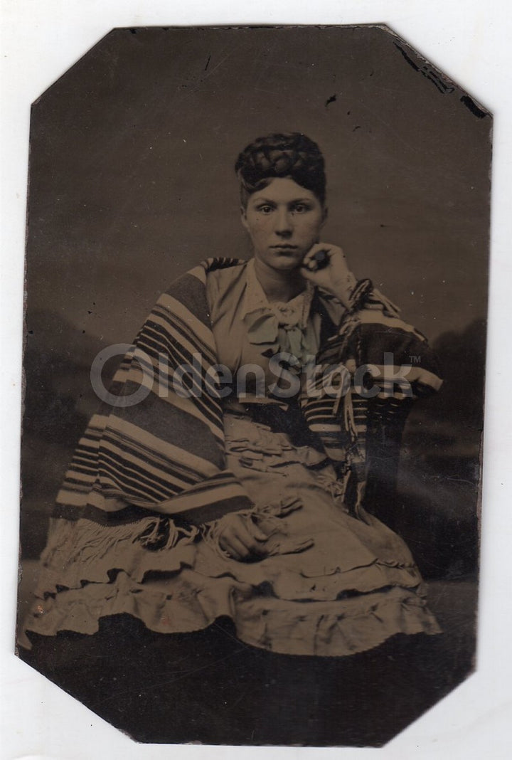 Lovely Young Victorian Woman in Striped Navajo Blanket Antique Tintype Photo