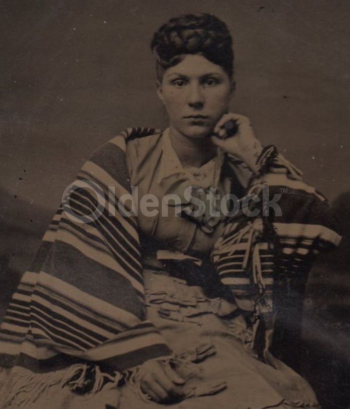 Lovely Young Victorian Woman in Striped Navajo Blanket Antique Tintype Photo