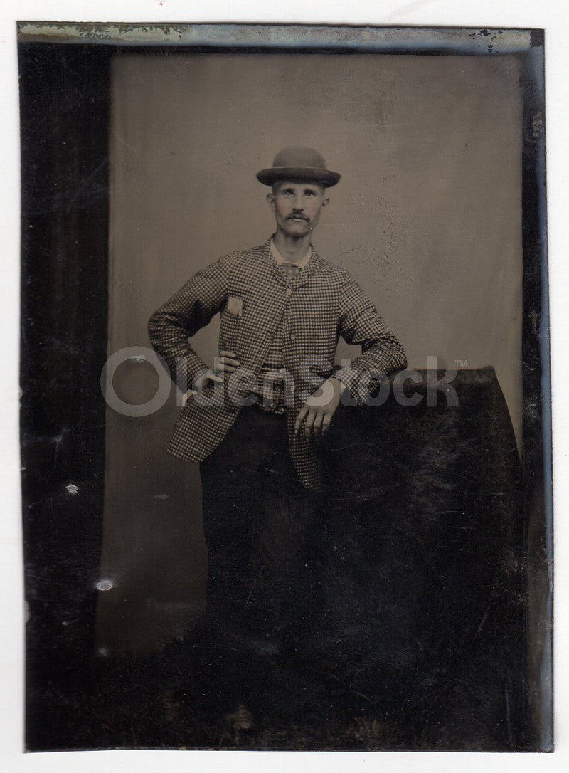 Dapper Gent in a Checkered Jacket and Bowler Hat Antique Tintype Photo